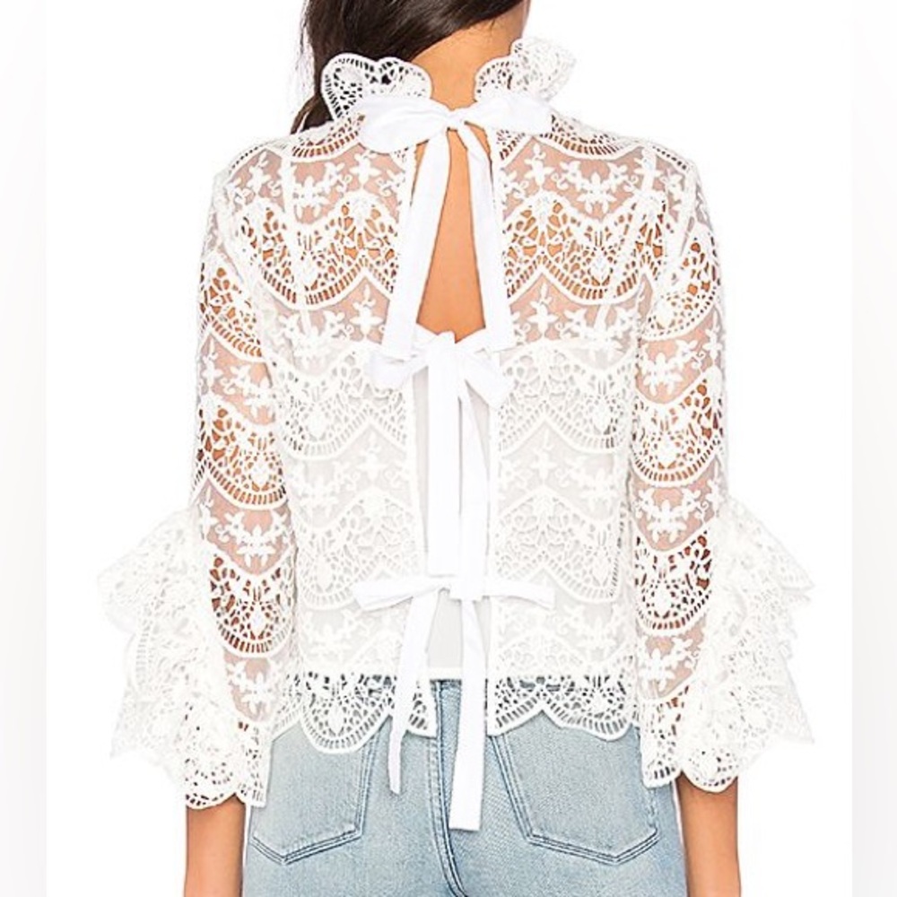 🛍️SALE🛍️ Endless Rose Mock Neck Bell Sleeves Open Back White Lace Blouse - Picture 2 of 6